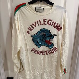 $1,500 Gucci Cream Long Sleeve with Blue Panther and Red Green Stripes